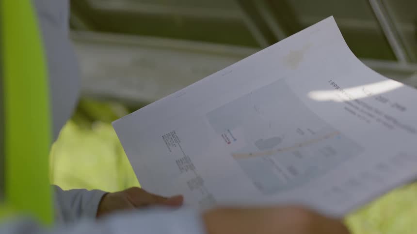 A woman wearing a hardhat studies a set of plans on a construction site