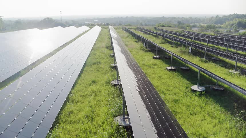 Rows of black solar panels stretching across a field