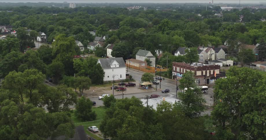 A neighborhood heavily interspersed with trees