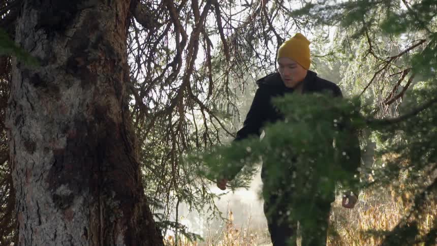 A man walks up a trail in the wilderness on a sunny day