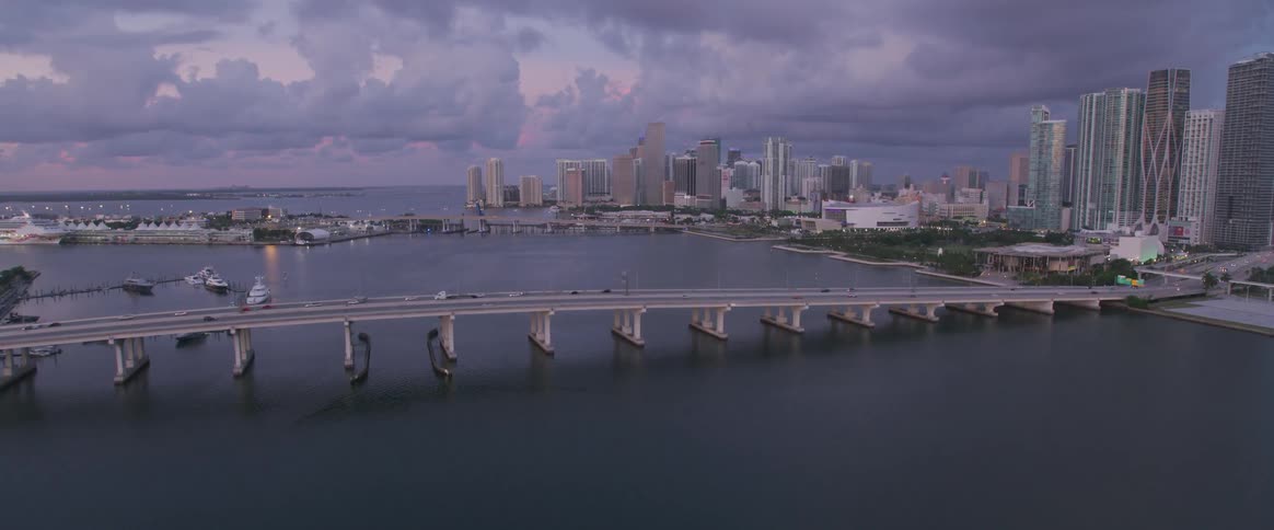 Aerial shot of a city at dusk