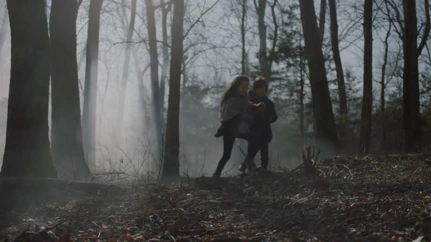 A girl and boy running through a smoky forest