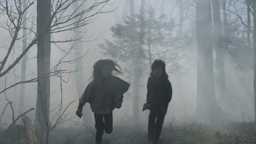 Two young children run through a hazy forest