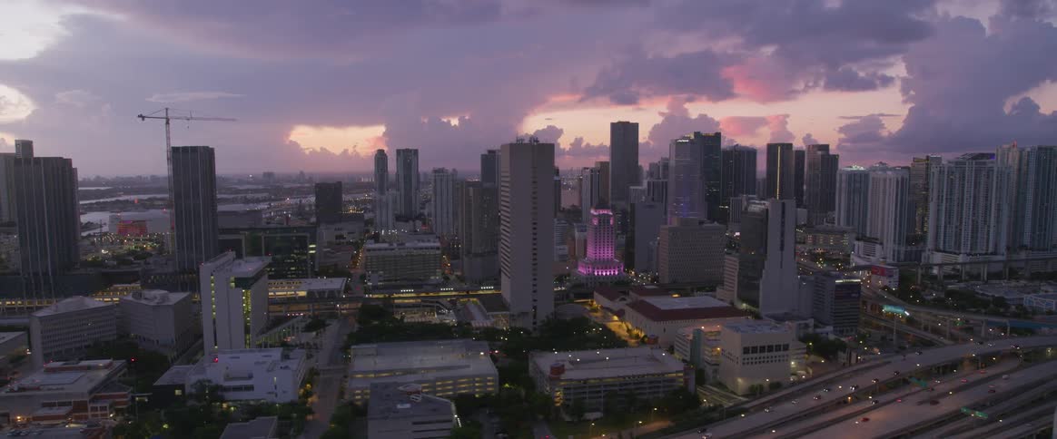 A city skyline during the evening
