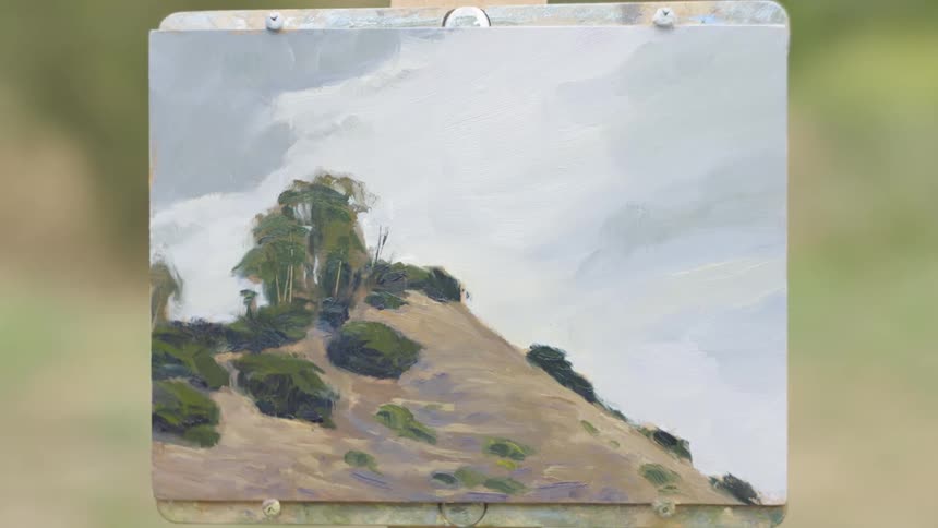 A painting on a canvas of trees on a hill