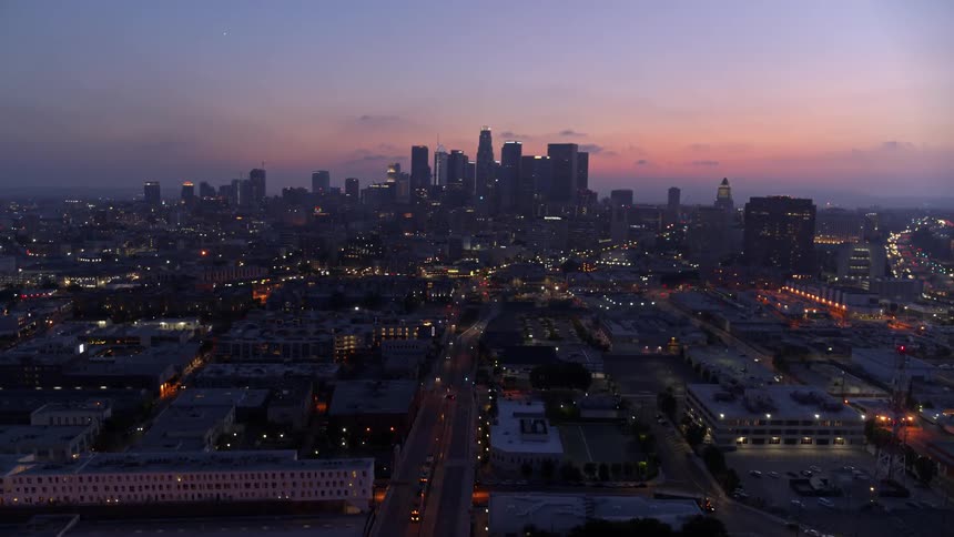 A city skyline during sunset