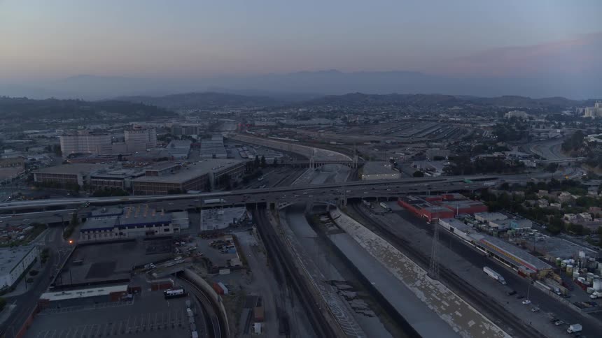 Aerial view of interstate in an urban area