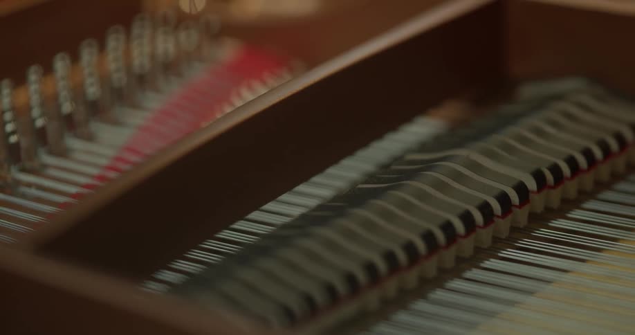 The internal strings and dampers of a finely made piano are seen in motion as someone is playing the instrument