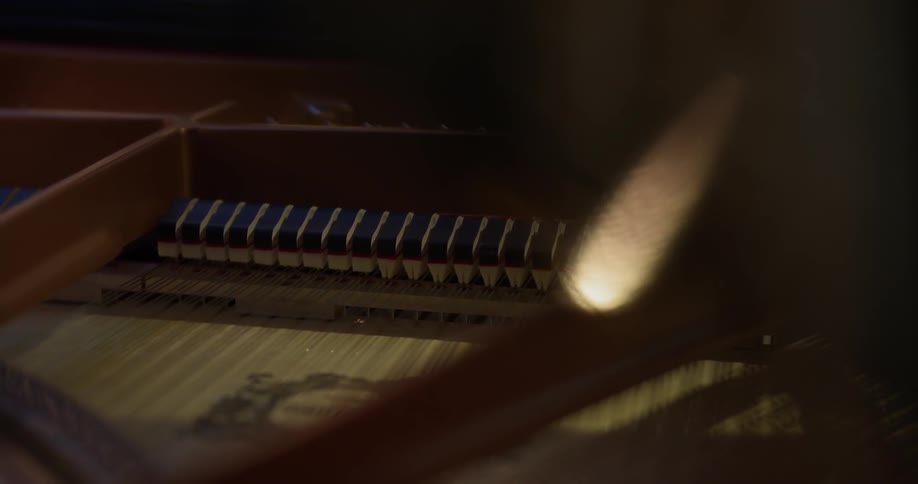 The hammers and strings inside a piano move as someone presses the keys