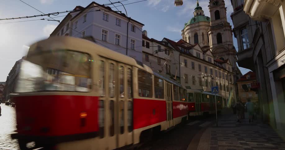 A trolley going through town