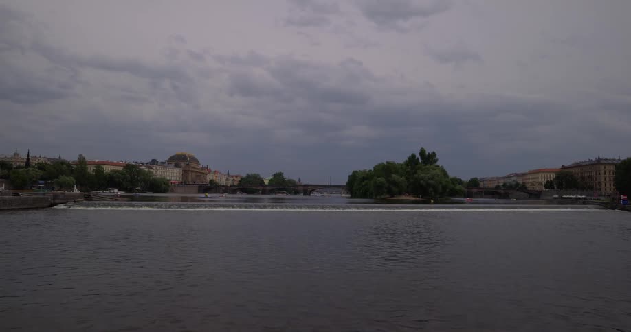 A wide river running through a city