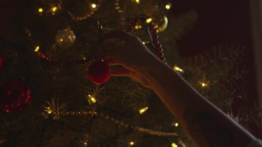 Someone hanging ornaments on a christmas tree