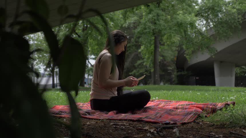 A young brunette female sits on a blanket on a lawn near a road and uses her phone