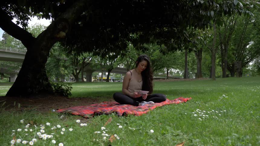 A woman sits on a blanket under a tree in a park looking down at the tablet in her hands