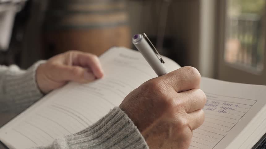 Woman writes down on notebook indoors during daylight