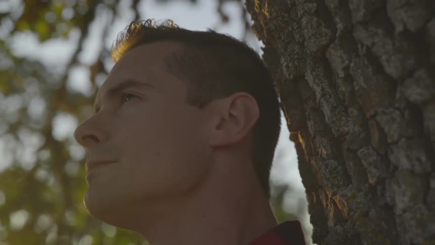 A man leans against the trunk of a tree and looks into the distance thoughtfully
