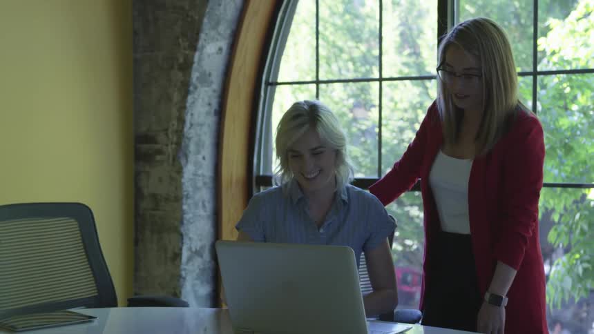 Two girls talking at a computer