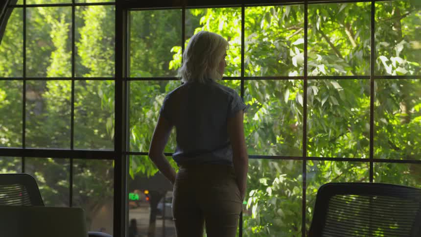 A woman looks out a picture window at a tree blowing violently in the wind