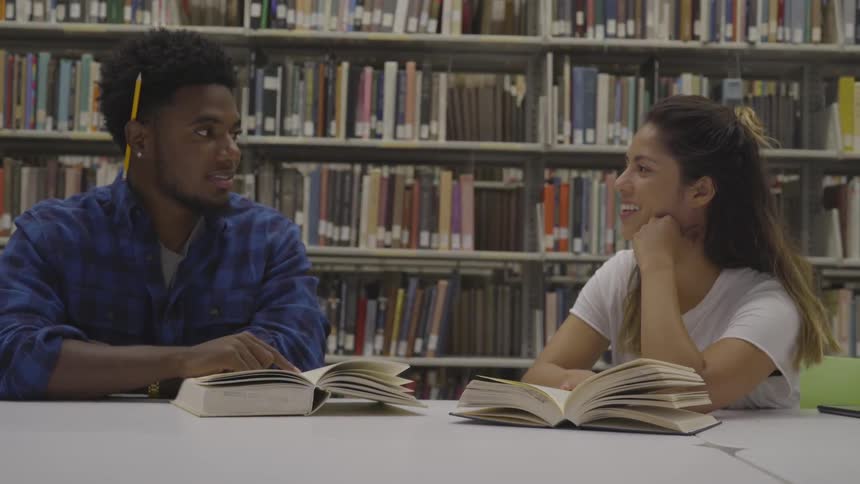 A man and woman talk in the library