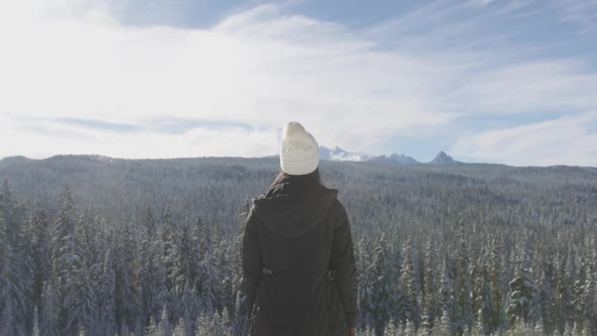 A woman stands on a hill overlooking the forest