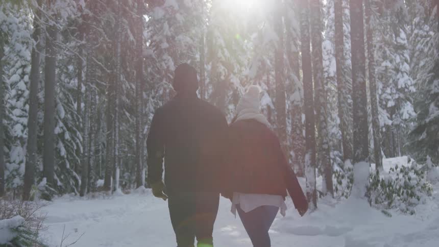 A man and would walk through the snow holding hands