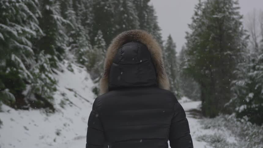 A person in a coat walking through a tree lined path in the snow