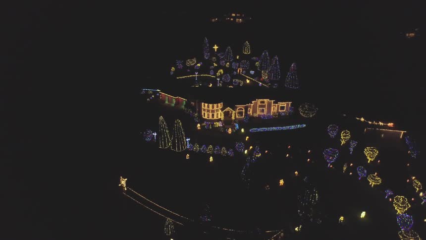 Elaborate christmas lights display at night