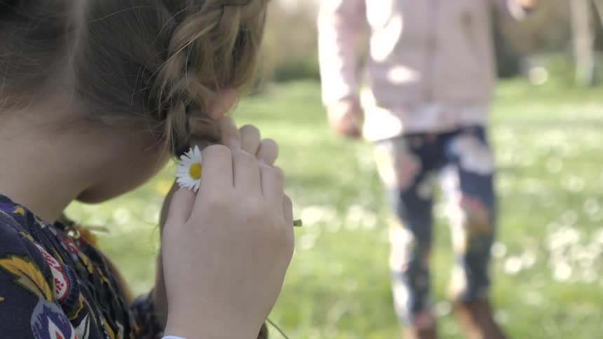 A girl puts a dandelion in her hair braid