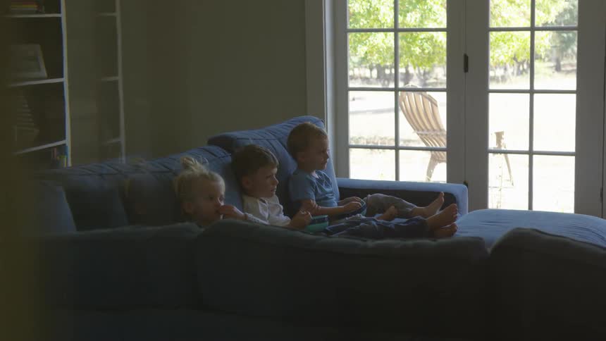 Children sit down on the sofa and watch while eating nuts in the living room