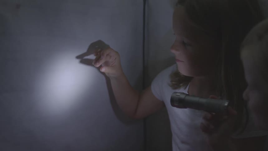 A girl is making shadow puppets while another girl holds up a flashlight to a canvas wall