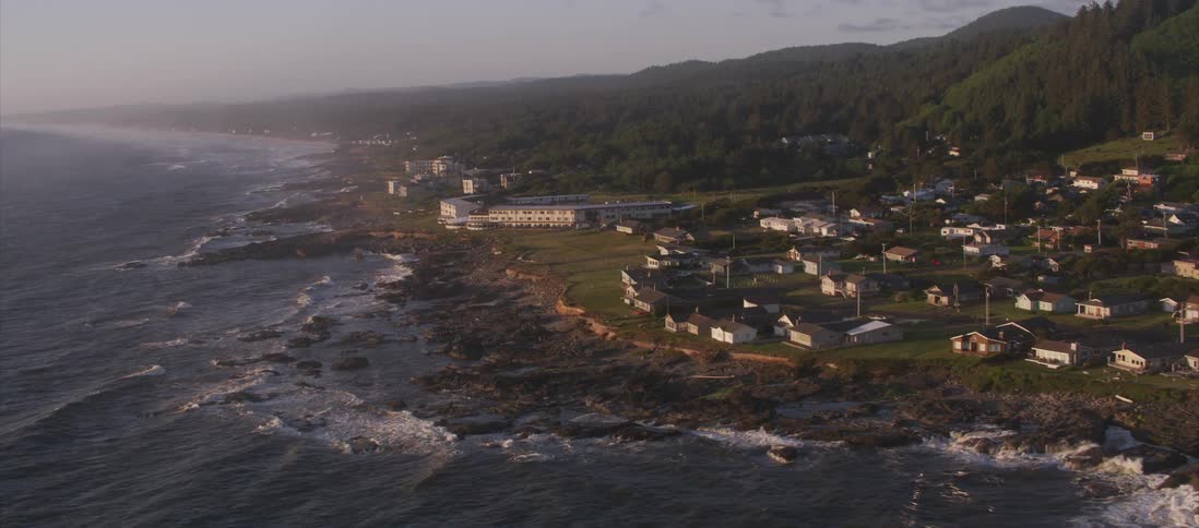 The camera flies over a coastal community