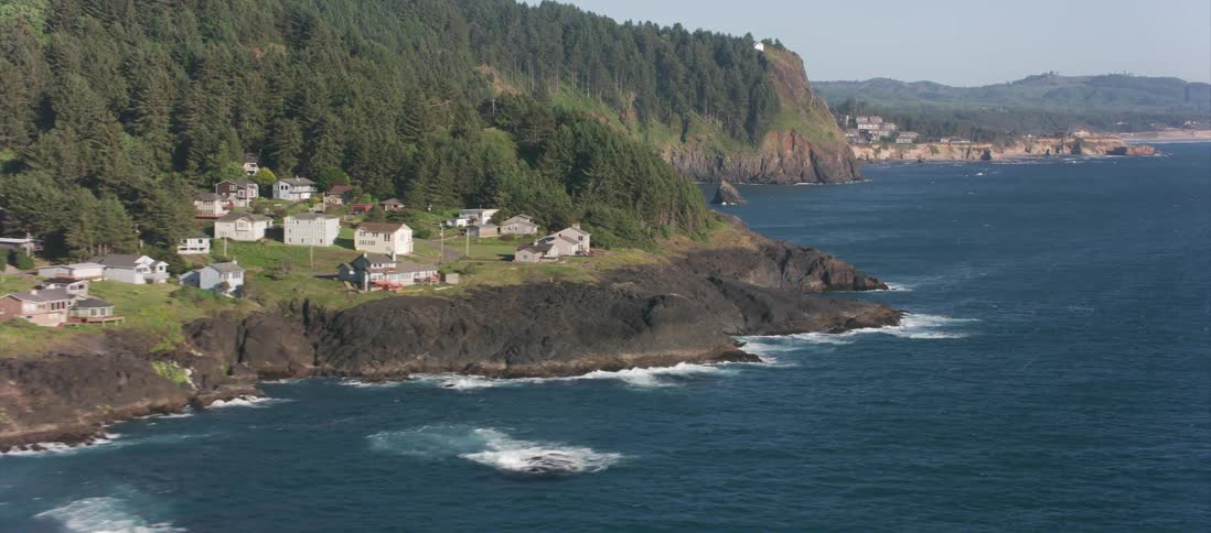 Homes are spaced along the coast next to the ocean