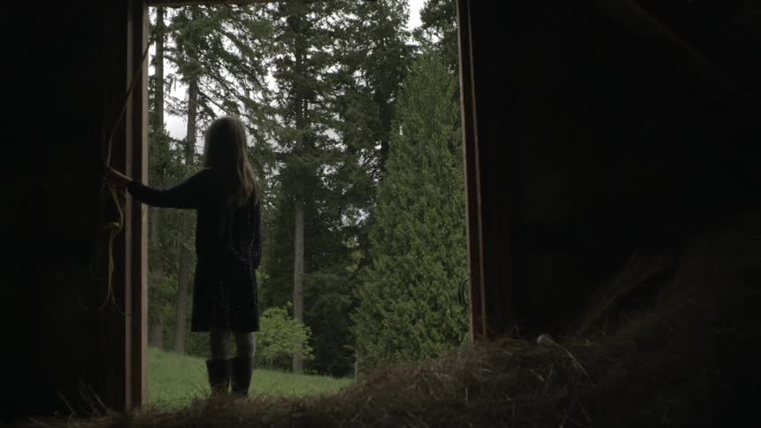 A girl stands in the doorway of a barn