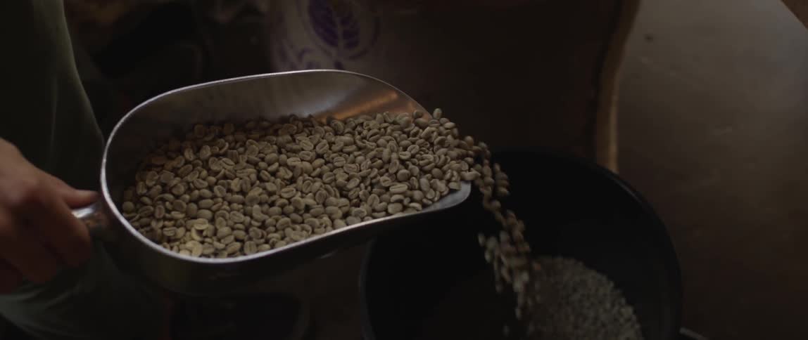 A large scoop pouring beans into a container