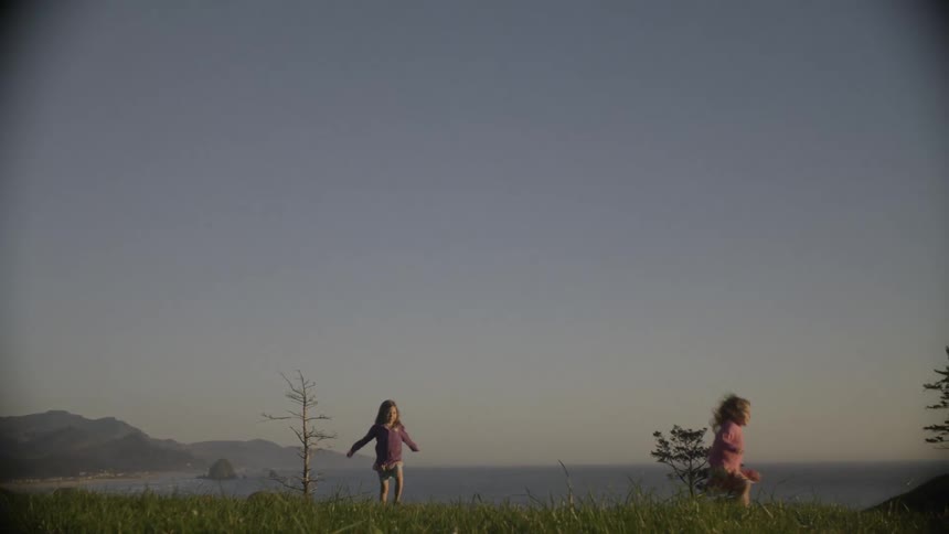Three children are running and jumping in a meadow above a lake