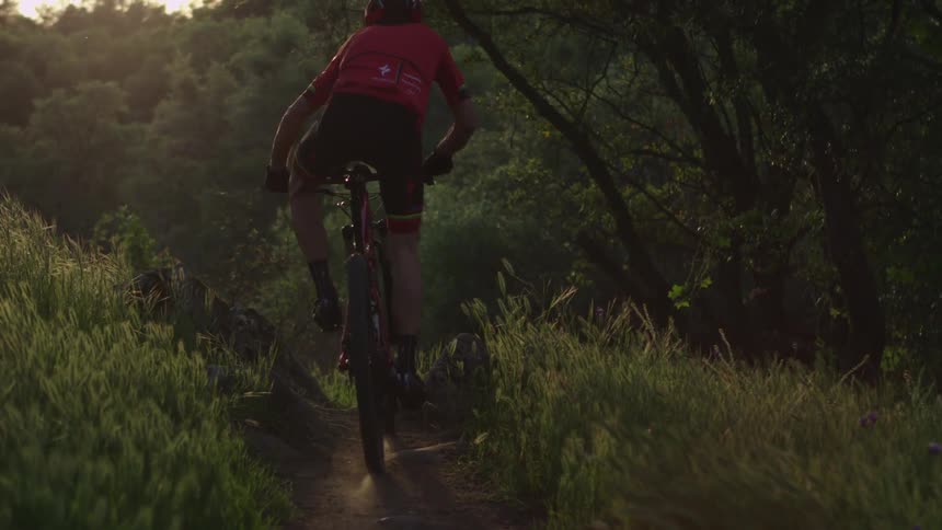 A bicyclist rides down a dirt path