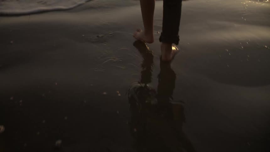 A person walks through the wet sand on a beach into the water