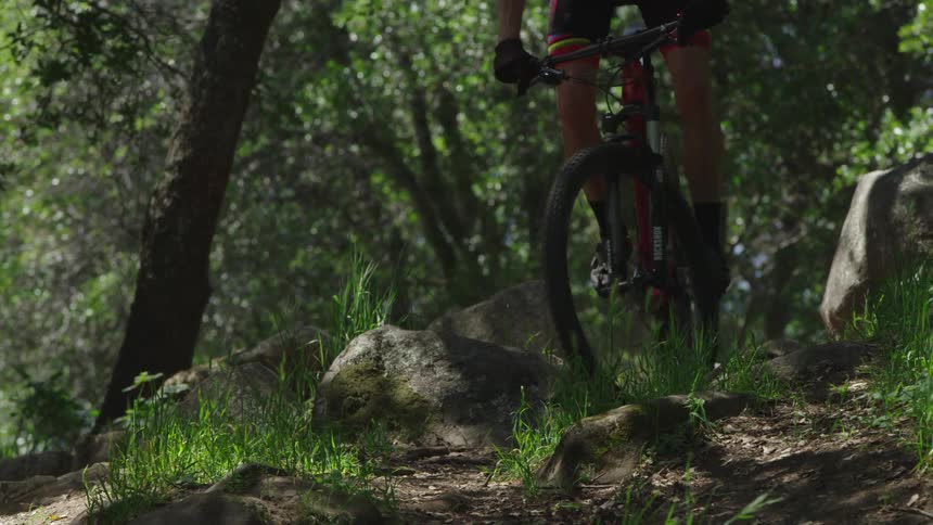 A man bicycles down a rocky path in the woods