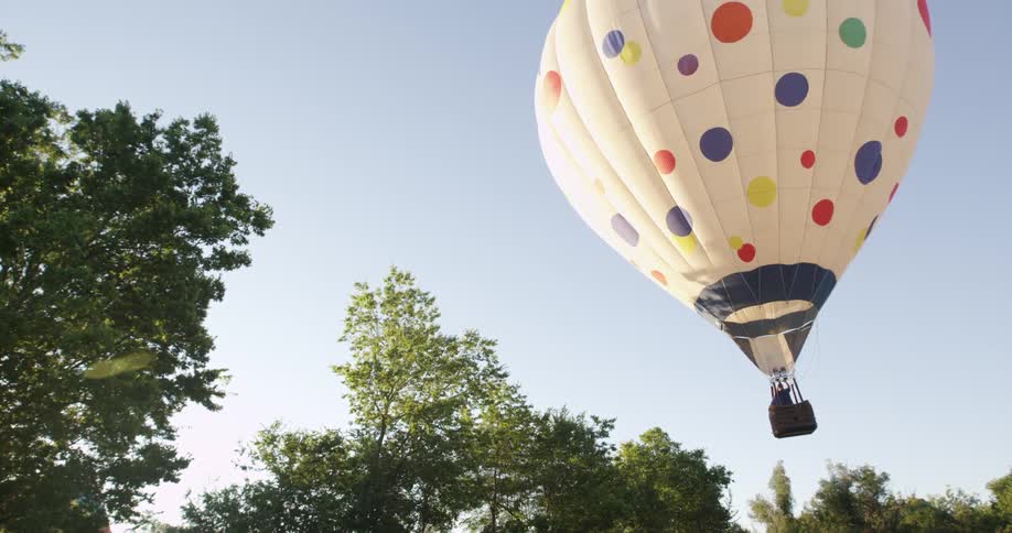 A hot air balloon rises above some trees on a sunny day