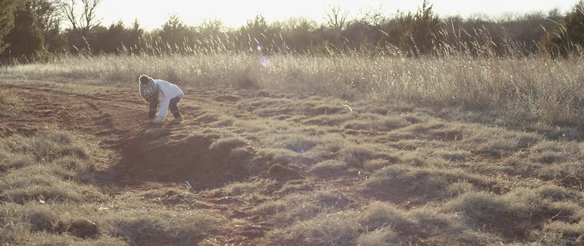 Toddler plays in a field