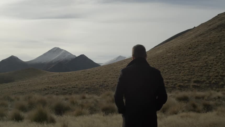 Man walking through a grassy area toward some mountains