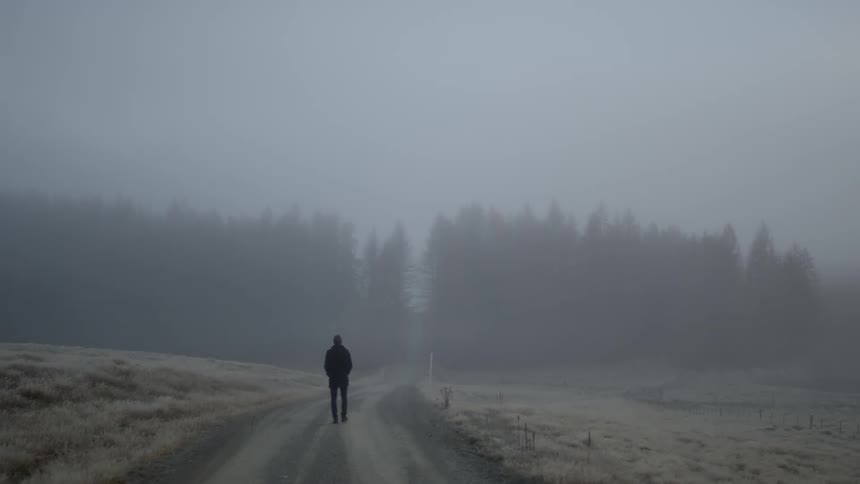A man walks down a dirt road in the fog