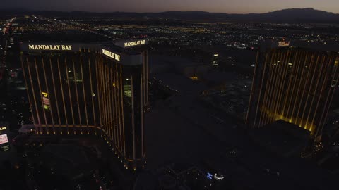 Las vegas skyline shot from a helicopter at dusk
