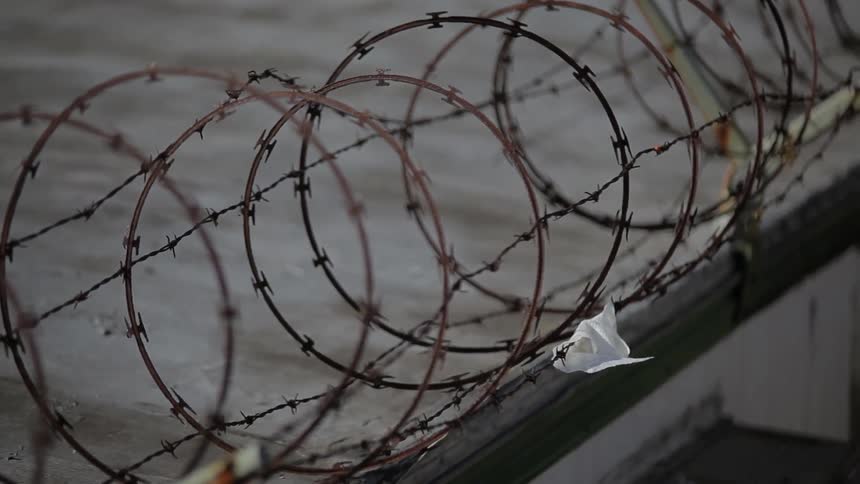 A bit of fabric stuck on barbed wire sways in the breeze