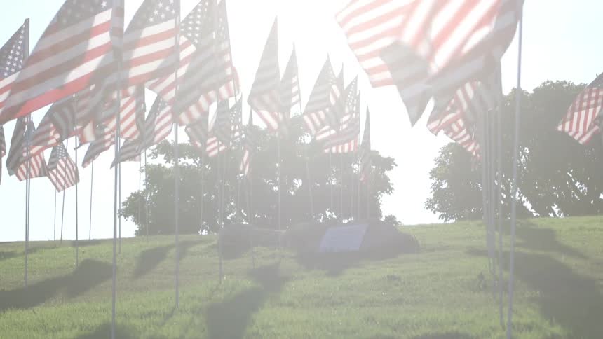 Flags blow in the wind on a sunny day