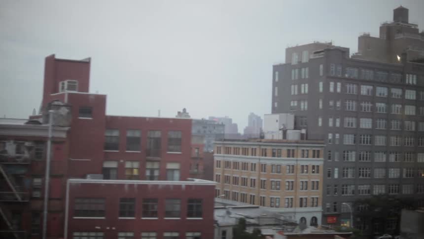 A city is shown from a passing train