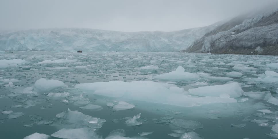 Chunks of ice floating in cold water