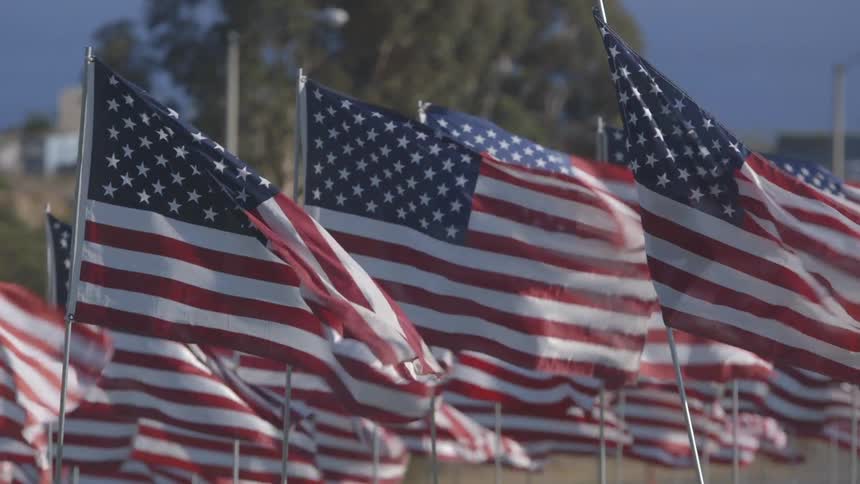 A large number of american flags billow in the wind