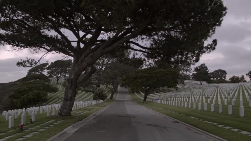 A road through a cemetery on an overcast day