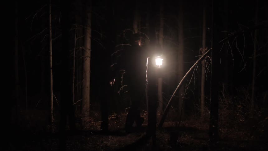 A man with a lantern walks through the woods at night